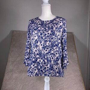 Cato Womens Blue White Floral Print Long Sleeve Tie Back Blouse Size S RN37080